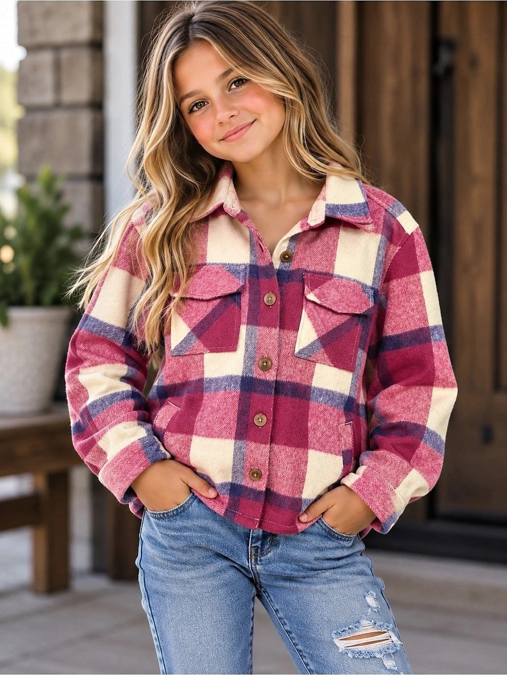 Wonder Nation Plaid Shacket in Pink & Blue NWT